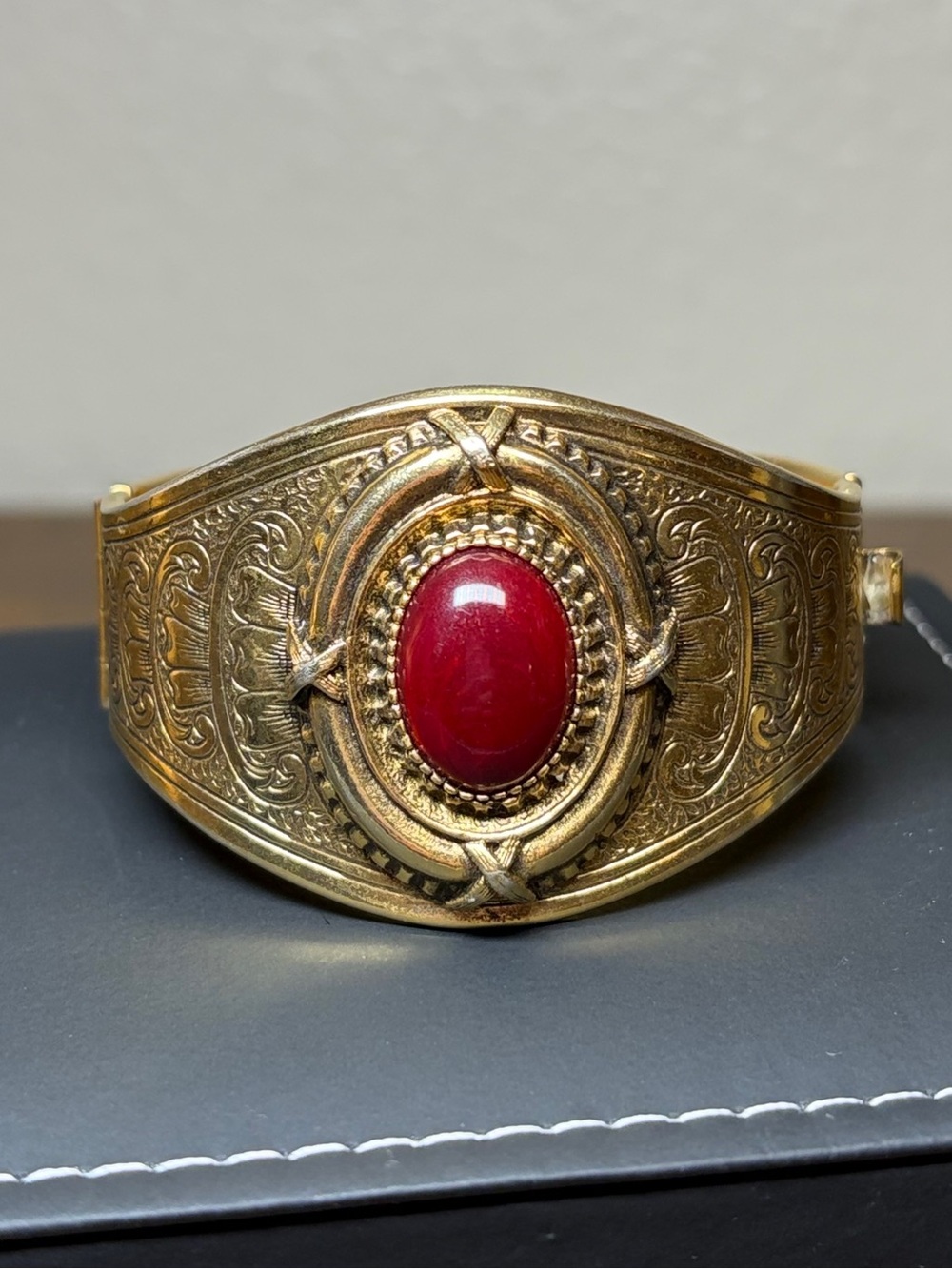 Renaissance-Inspired Gold-Tone Engraved Red Cabochon Hinged Cuff Bracelet